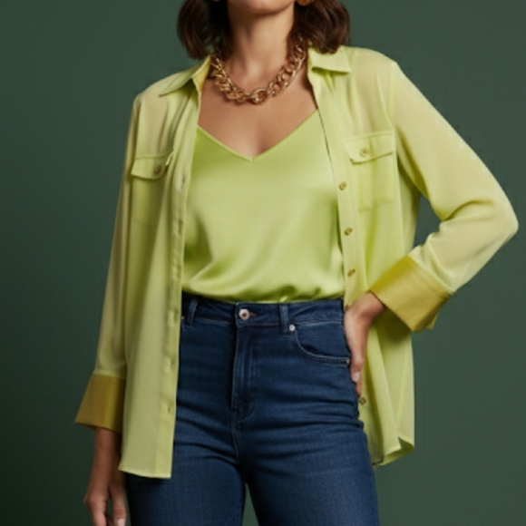 Cato Tops - Vintage Sheer V-Neck Chiffon Button-Down Women's Blouse Size XL Bold Lemon-Lime